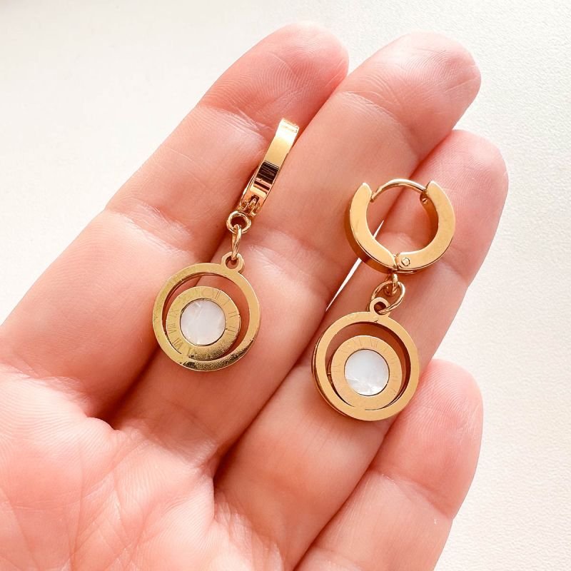 Brinco Argola Aço Click Duplo Círculo Resina Números Romanos