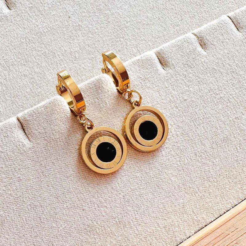 Brinco Argola Aço Click Duplo Círculo Resina Números Romanos