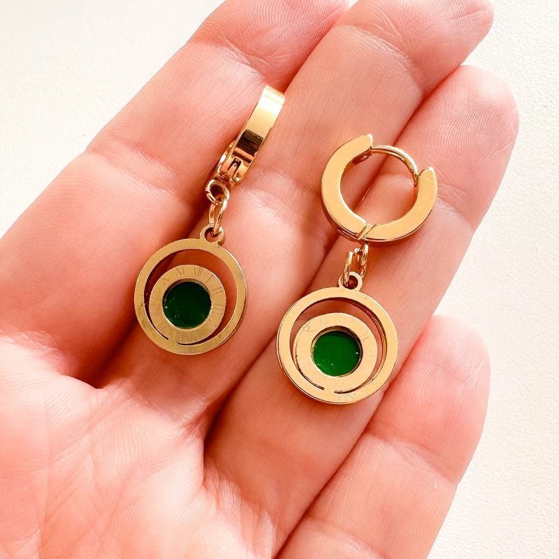 Brinco Argola Aço Click Duplo Círculo Resina Números Romanos