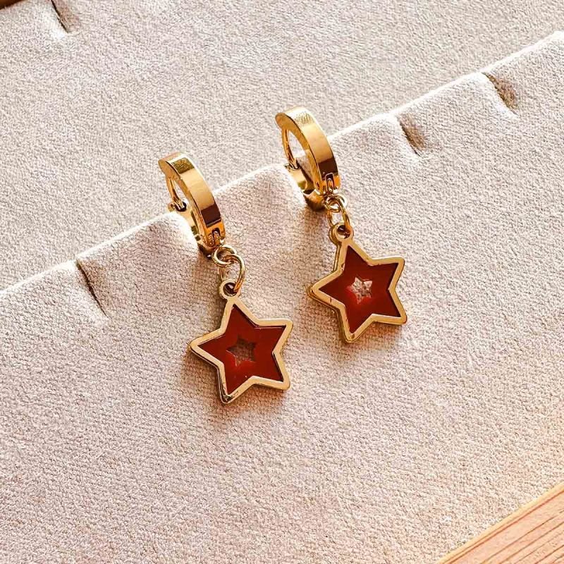 Brinco Argola Aço Dourado Resina Estrela