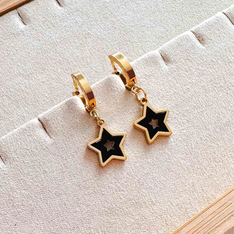 Brinco Argola Aço Dourado Resina Estrela