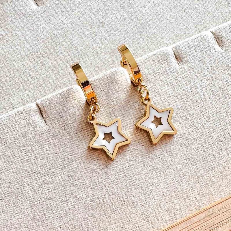Brinco Argola Aço Dourado Resina Estrela