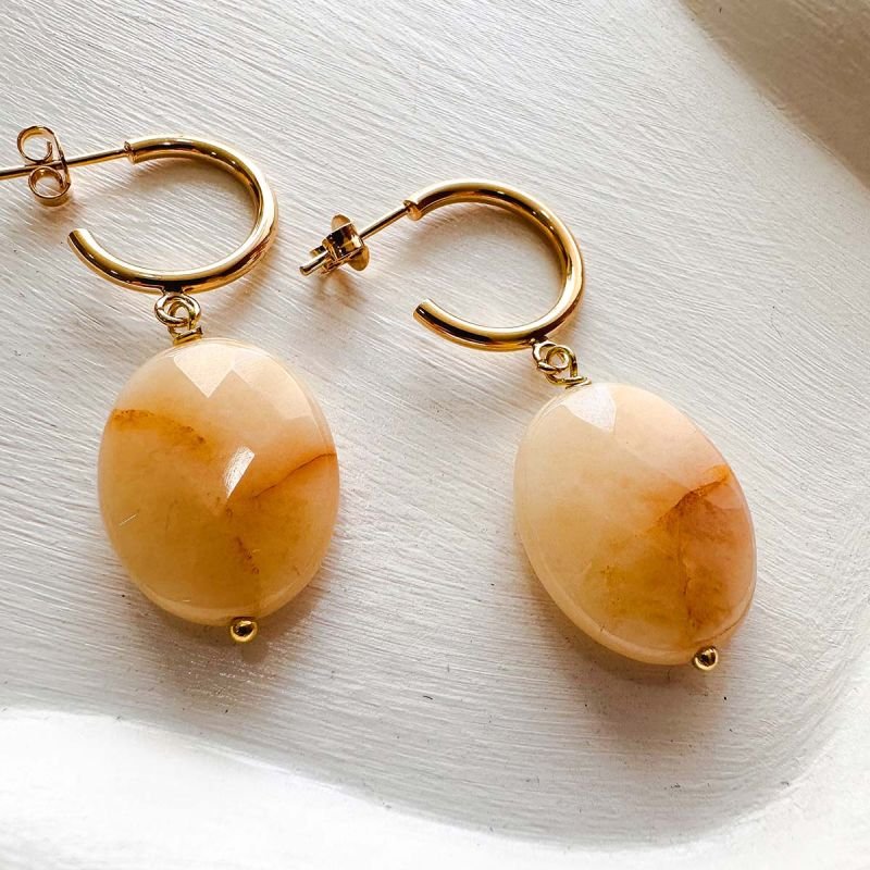 Brinco Argola Banhada a Ouro 18k Pedra Calcita Oval