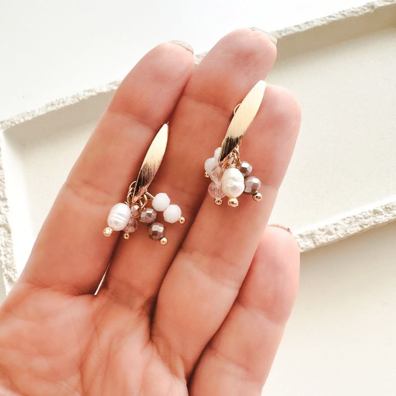 Brinco Banhado a Ouro 18k Pérola de Água Doce e Cristais