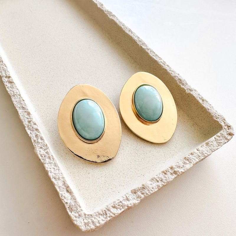 Brinco Bijuteria Oval com Pedra de Resina