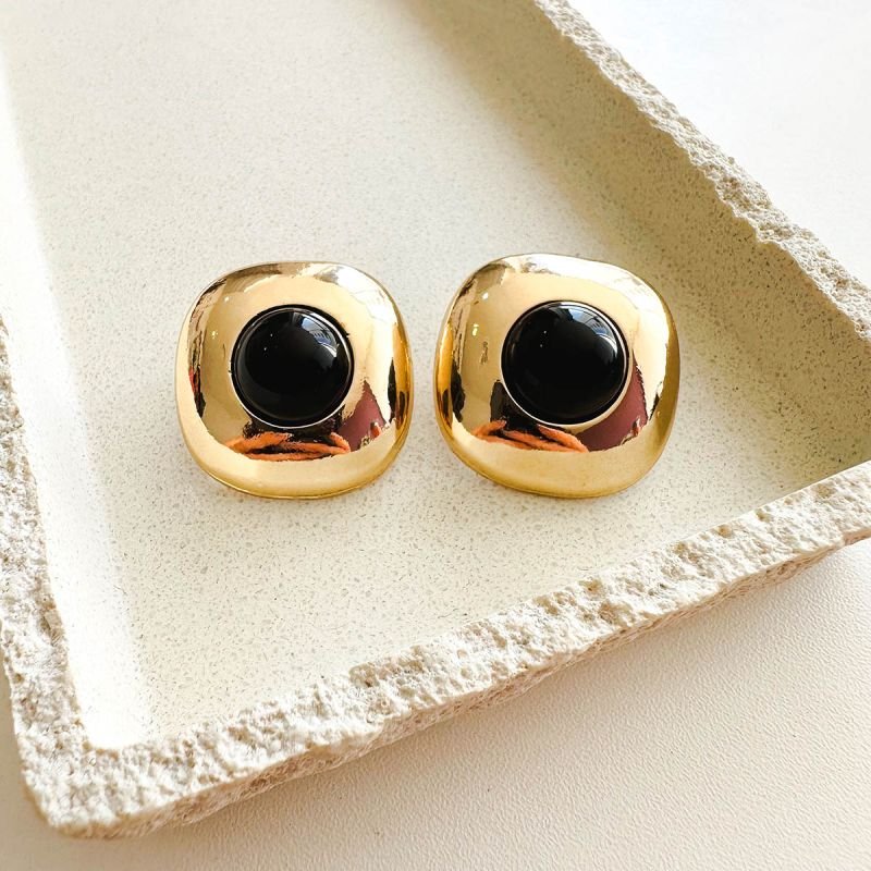 Brinco Bijuteria Quadrado com Pedra Redonda de Resina