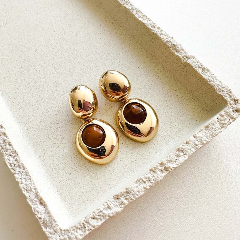 Brinco Bijuteria Duplo Esférico Pedra de Resina