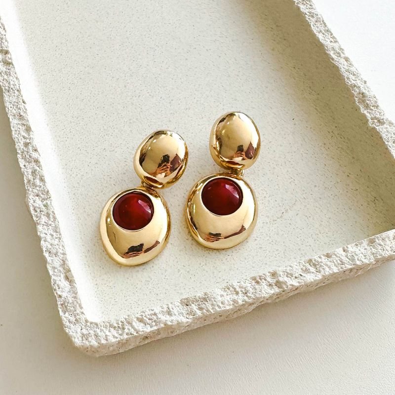 Brinco Bijuteria Duplo Esférico Pedra de Resina