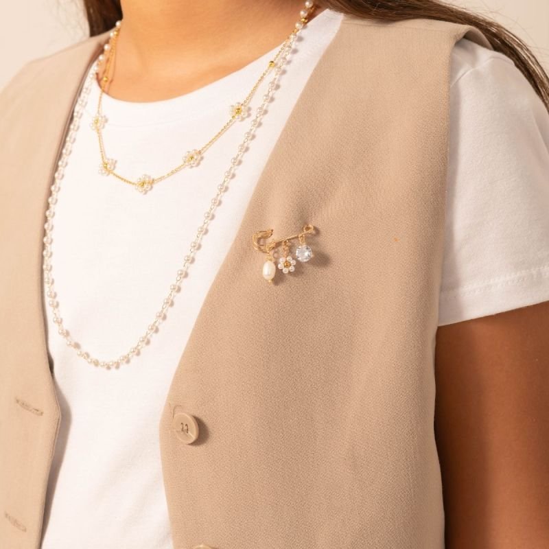 Broche Alfinete Floral com Pérola e Cristal