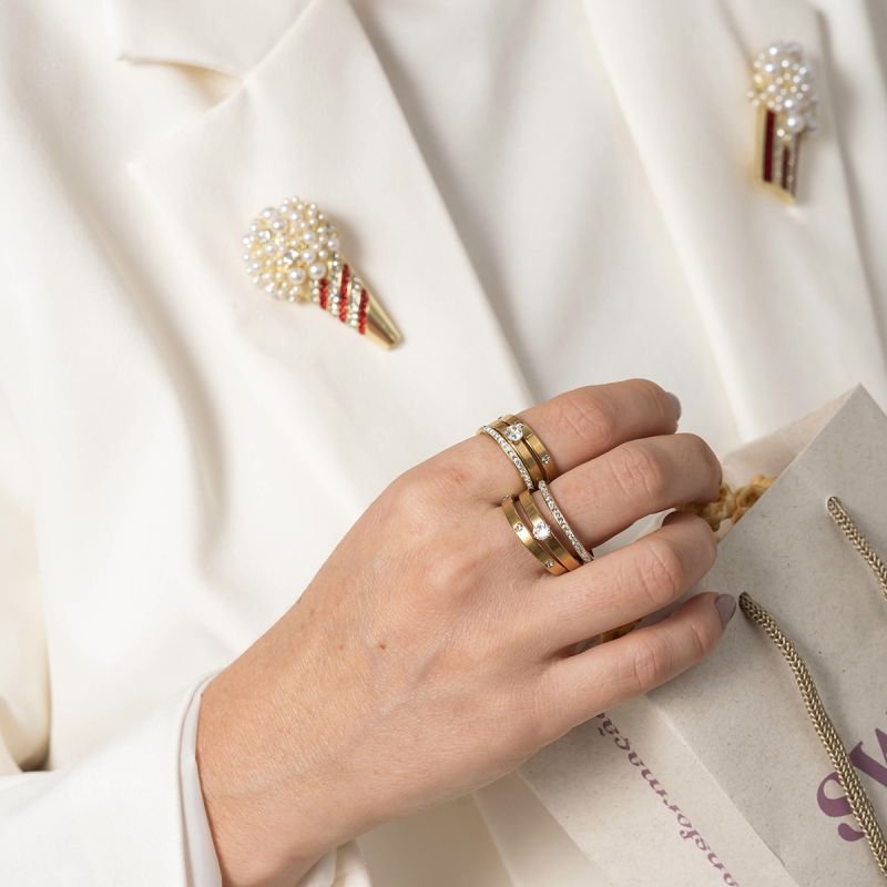 Broche Bijuteria Pipoca no Cone com Pérolas e Strass