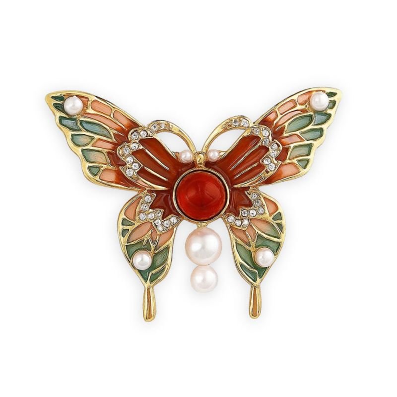 Broche Bijuteria Dourada Borboleta Detalhe Pérola
