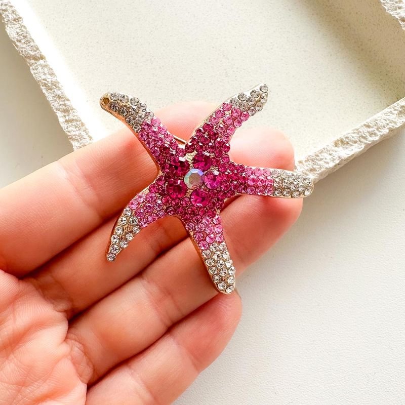 Broche Bijuteria Estrela-do-Mar Strass Rosa e Prata