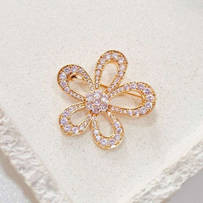 Broche Bijuteria Flor Dourada Strass Brilhoso