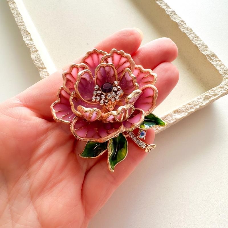 Broche Bijuteria Flor Peônia Esmaltada