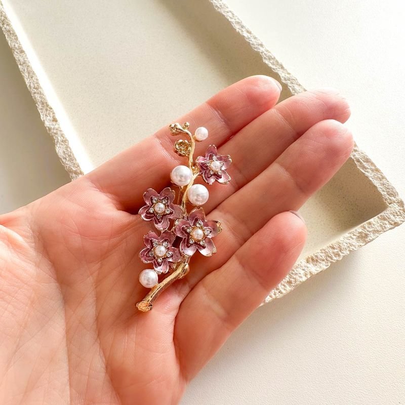 Broche Bijuteria Galho Floral com Pérolas e Cristais