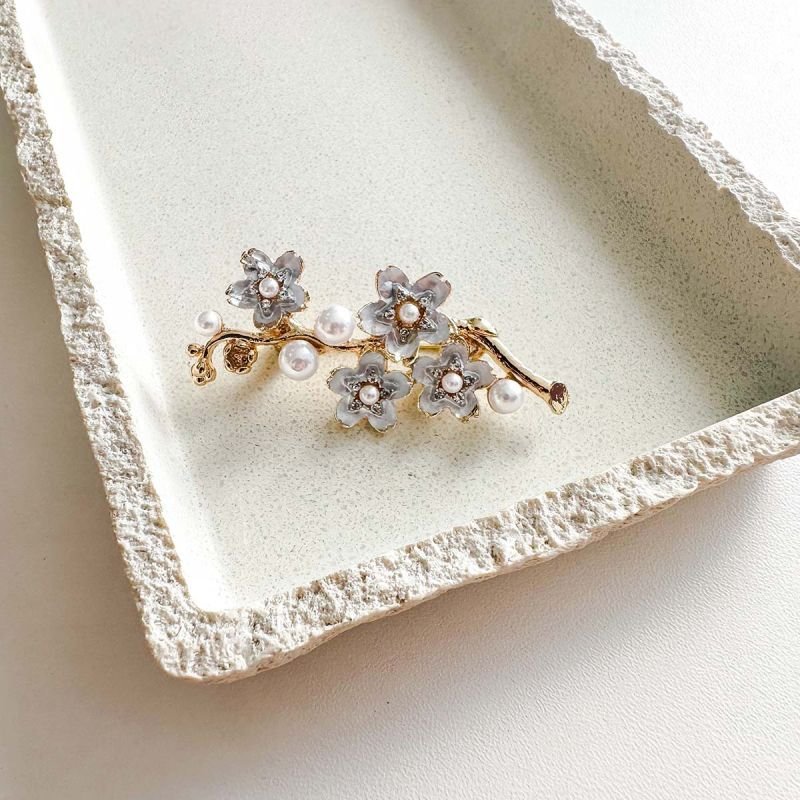 Broche Bijuteria Galho Floral com Pérolas e Cristais