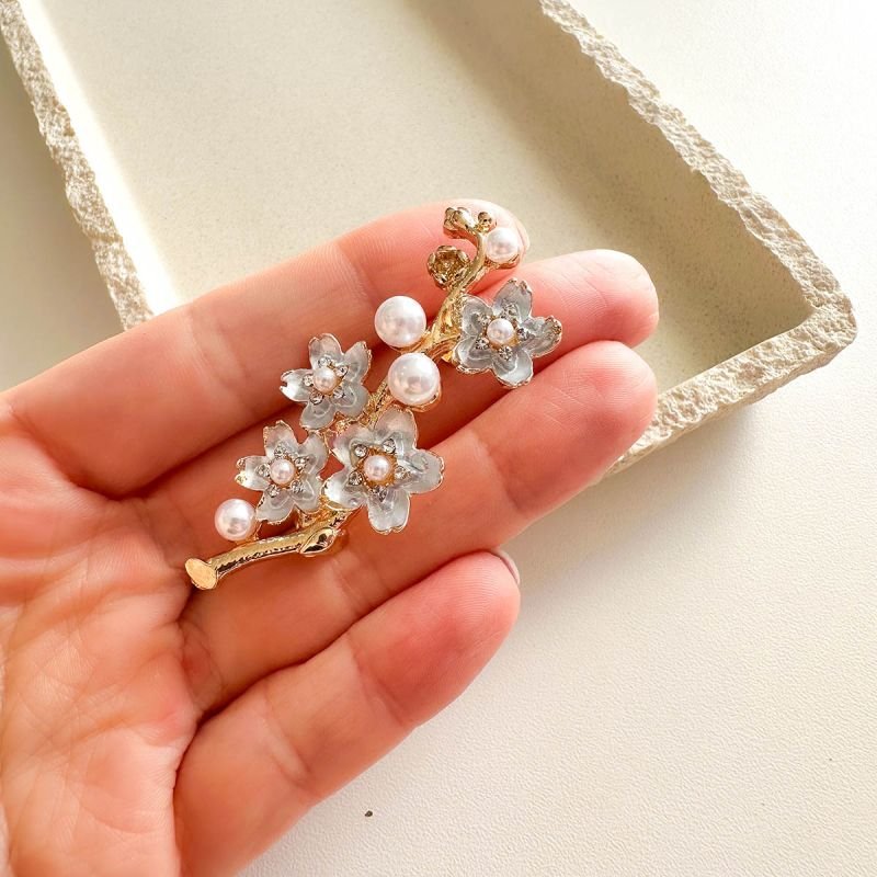 Broche Bijuteria Galho Floral com Pérolas e Cristais