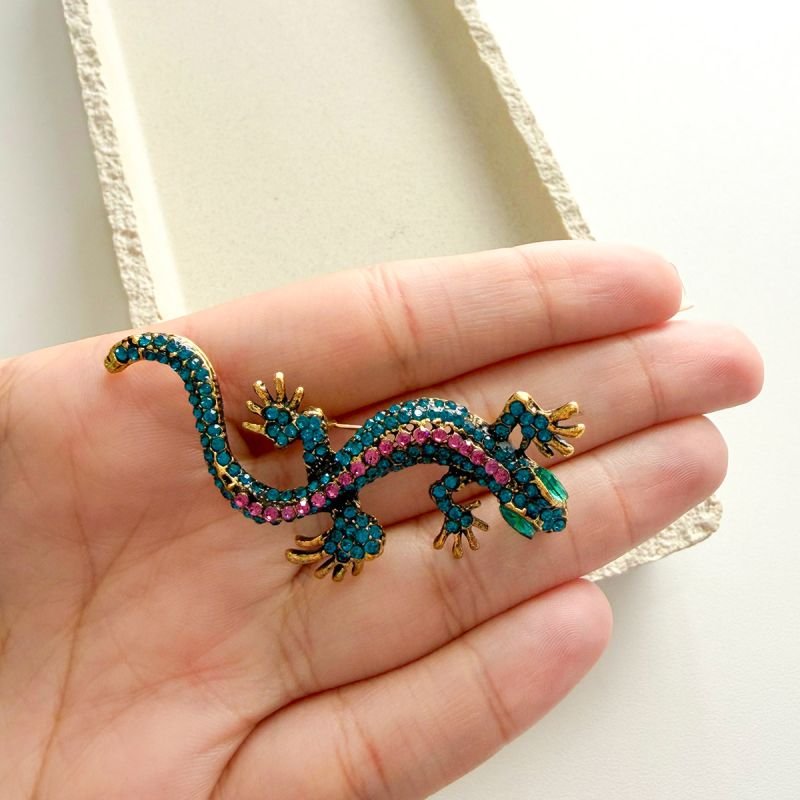 Broche Bijuteria Lagarto Cristais Azul Turquesa E Rosa