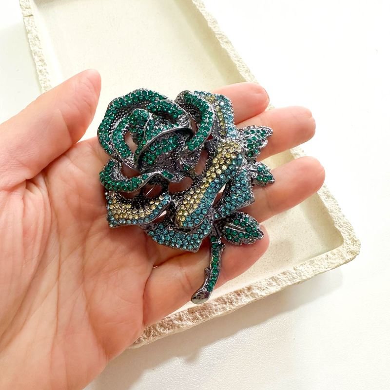 Broche Bijuteria Rosa Cristal Verde