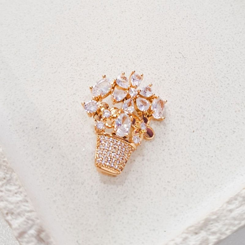 Broche Bijuteria Vaso de Flores com Cristais