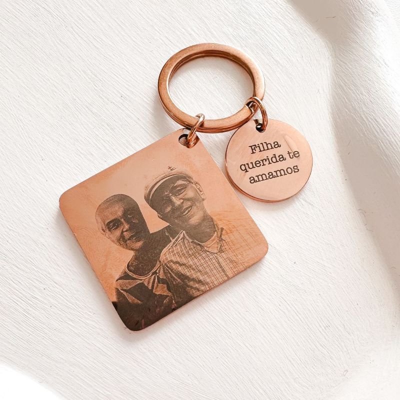 Chaveiro Aço Quadrado com Placa Rosé