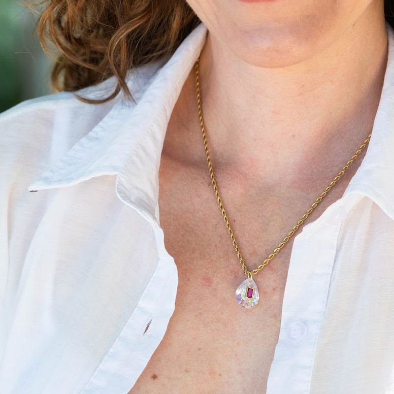 Colar Aço Corrente Baiana Zircônia Gota com Cristal Rosa