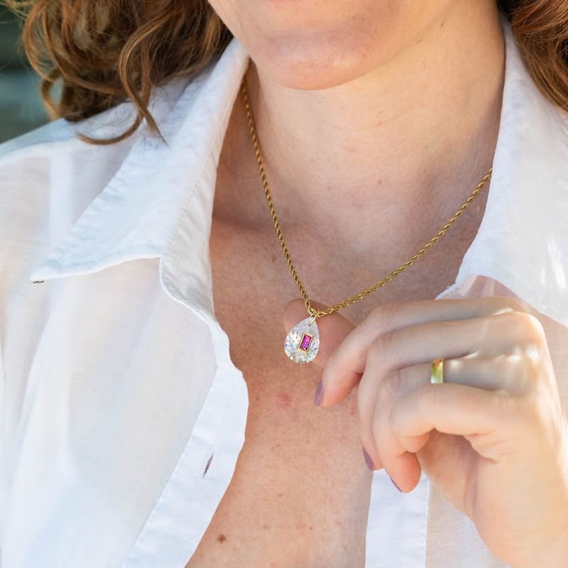 Colar Aço Corrente Baiana Zircônia Gota com Cristal Rosa