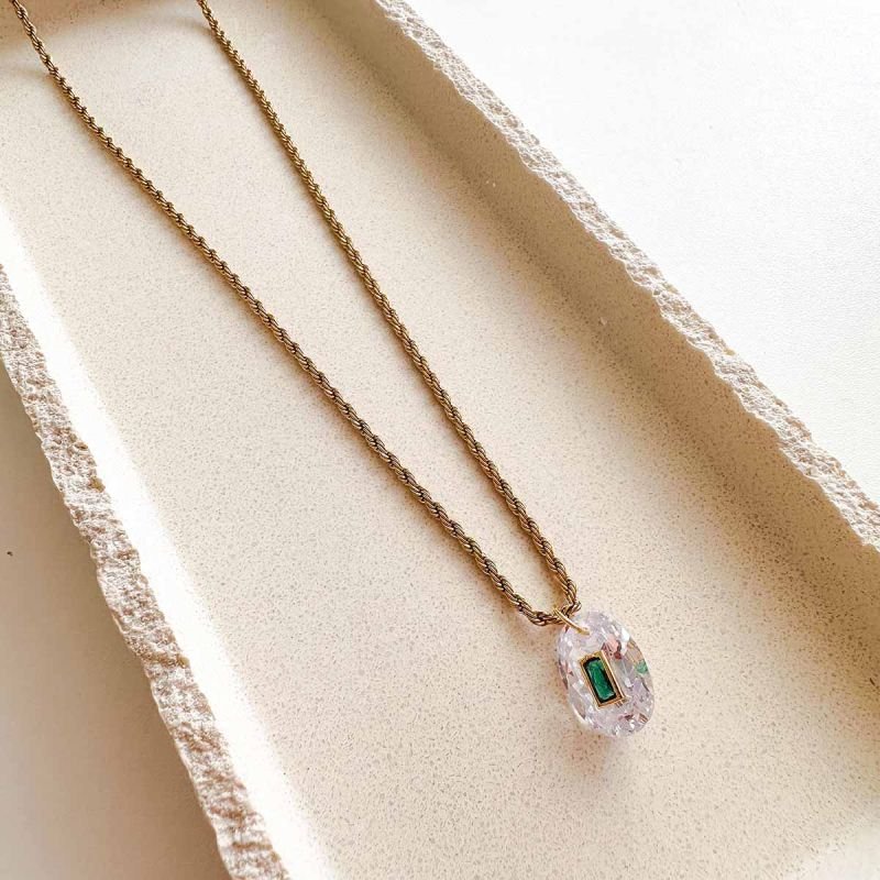 Colar Aço Corrente Baiana Zircônia Oval