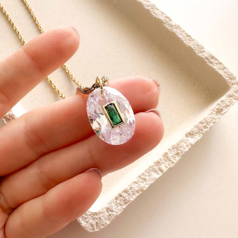 Colar Aço Corrente Baiana Zircônia Oval