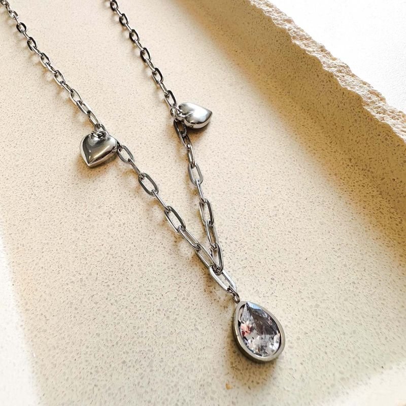 Colar Aço Pingente Gota Cristal e Corações