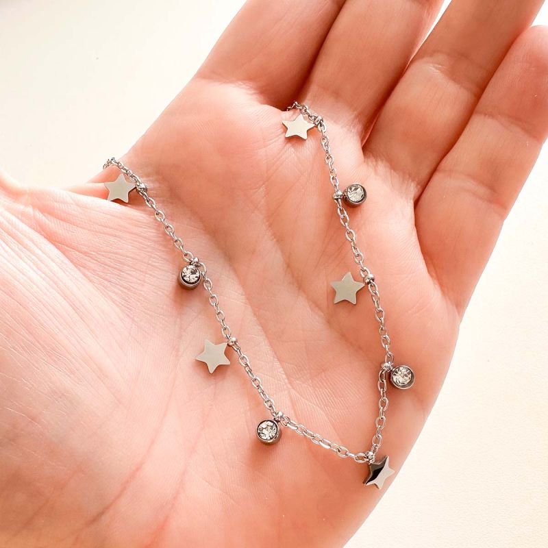 Colar Aço Medalhinhas Estrela e Ponto de Luz