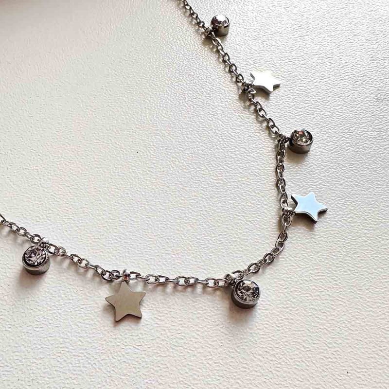 Colar Aço Medalhinhas Estrela e Ponto de Luz