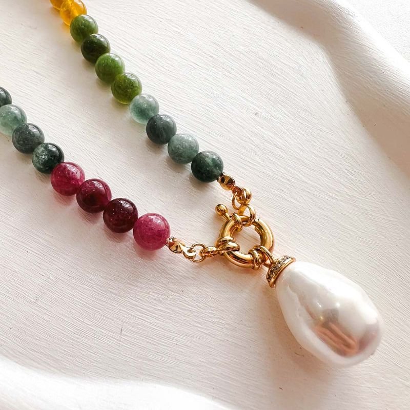 Colar Banhado a Ouro 18k Pedra Turmalina Melancia com Pérola Shell