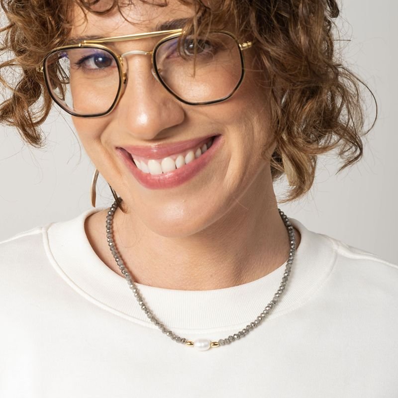 Colar Banhado Cristal Fendi Detalhe Dourado e Pérola de Água Doce