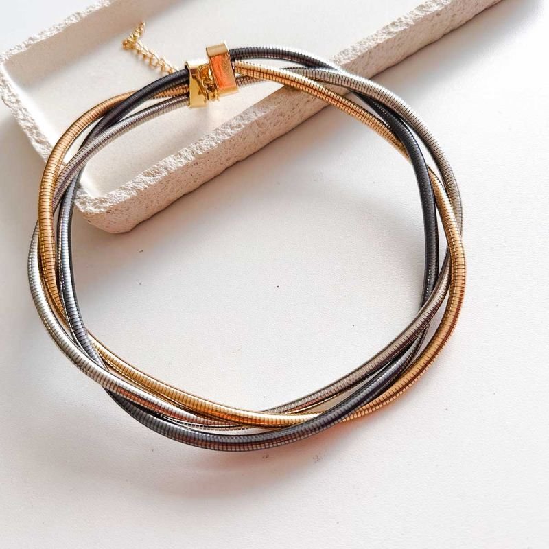 Colar Bijuteria Três Banhos Entrelaçados