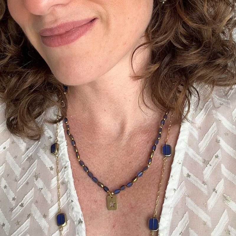 Colar Cristal Azul Oval com Pingente Estrela
