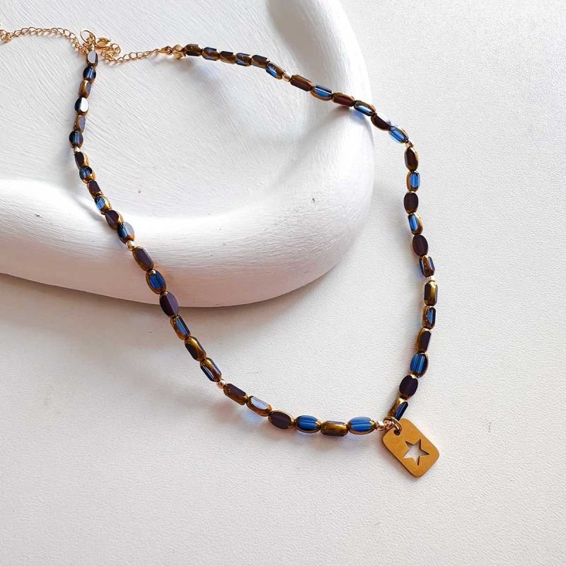 Colar Cristal Azul Oval com Pingente Estrela