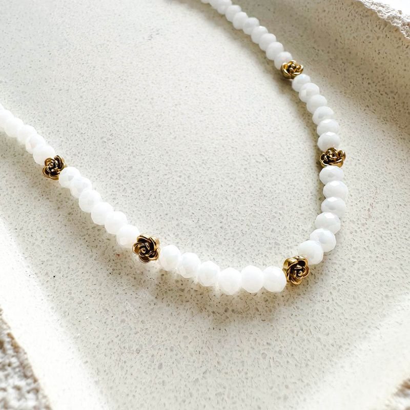 Colar Cristal Banhado a Ouro 18k Detalhes Florais