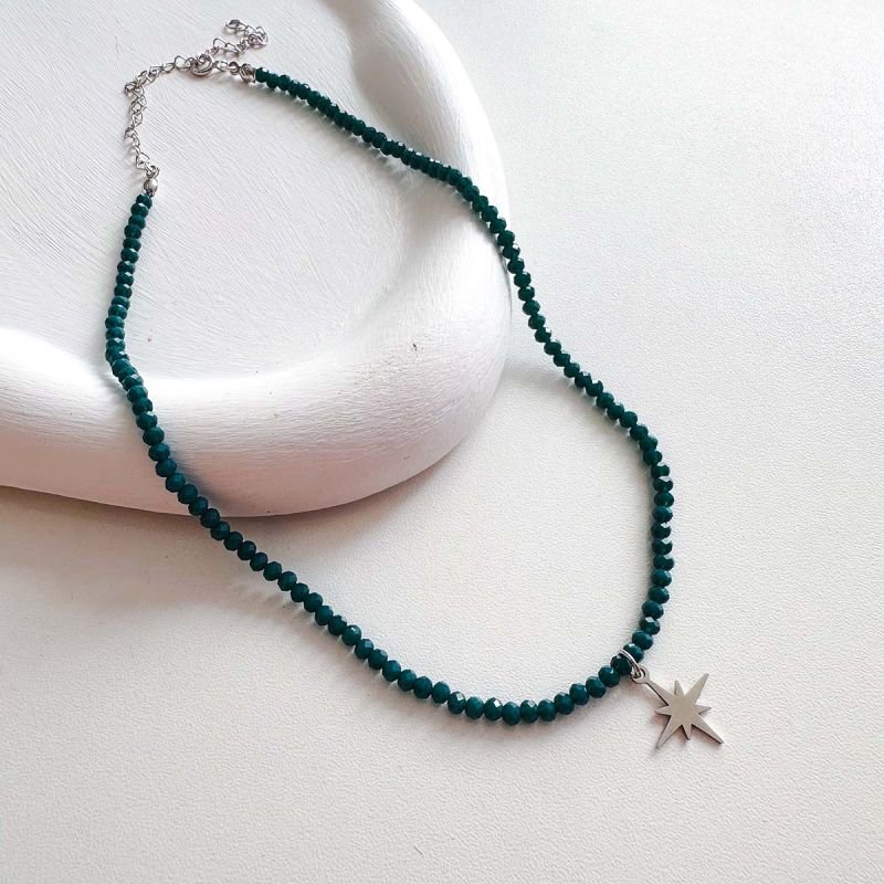 Colar Cristal com Pingente Estrela Aço