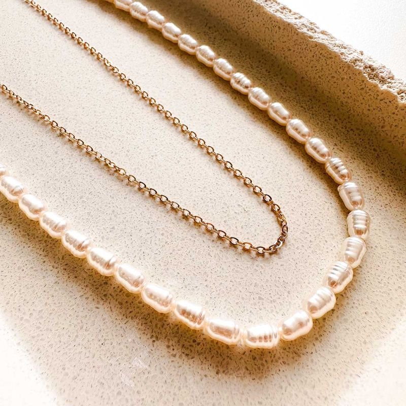 Colar Duplo Bijuteria Pérola e Corrente