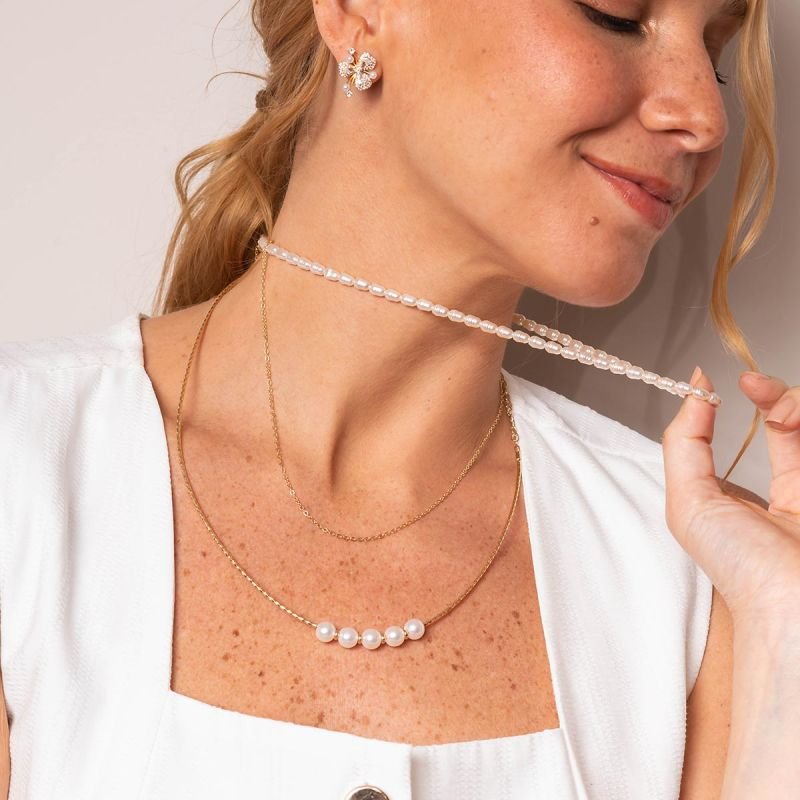 Colar Duplo Bijuteria Pérola e Corrente