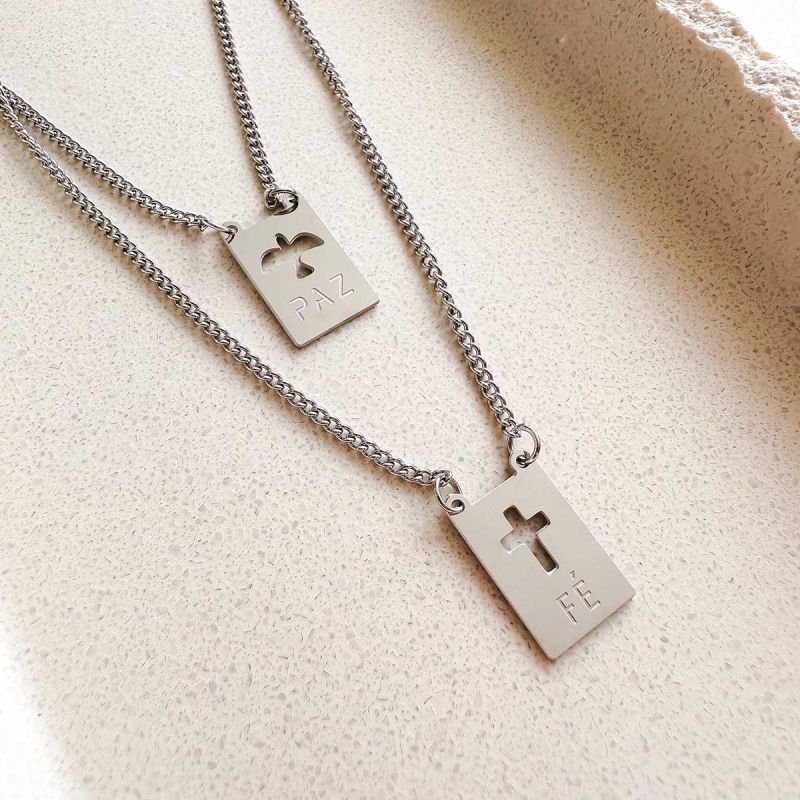 Colar Escapulário Aço Espírito Santo e Fé