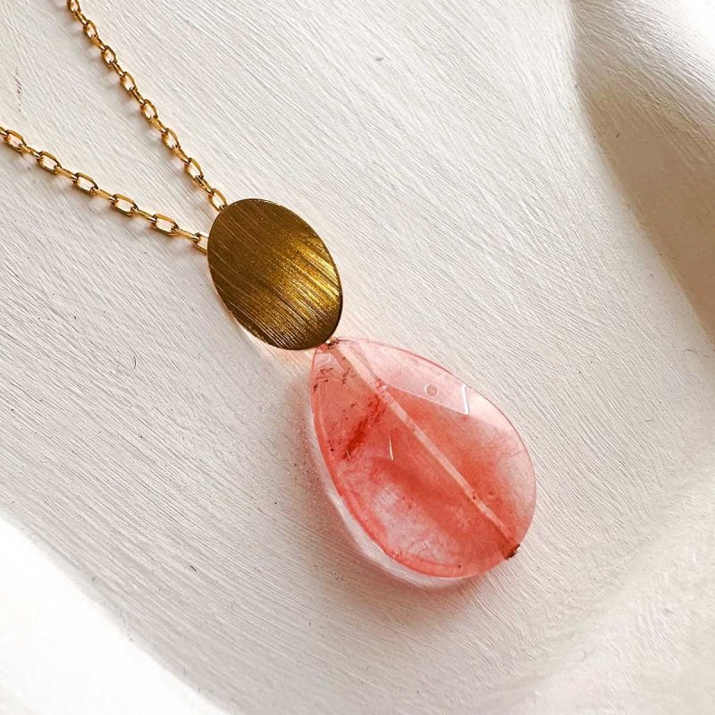 Colar Longo Banhado a Ouro 18k Quartzo Cereja