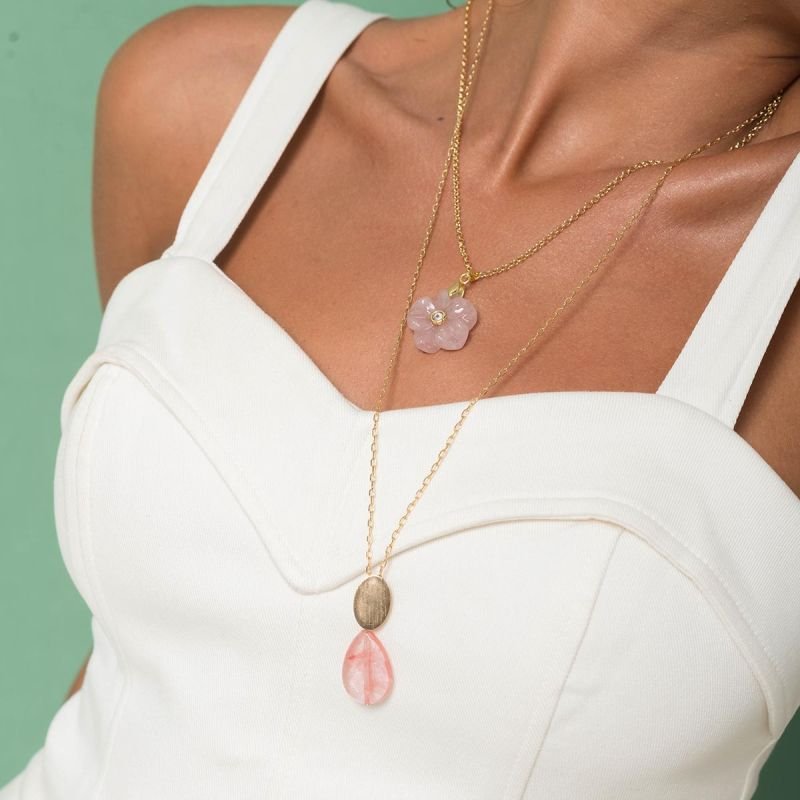 Colar Longo Banhado a Ouro 18k Quartzo Rosa