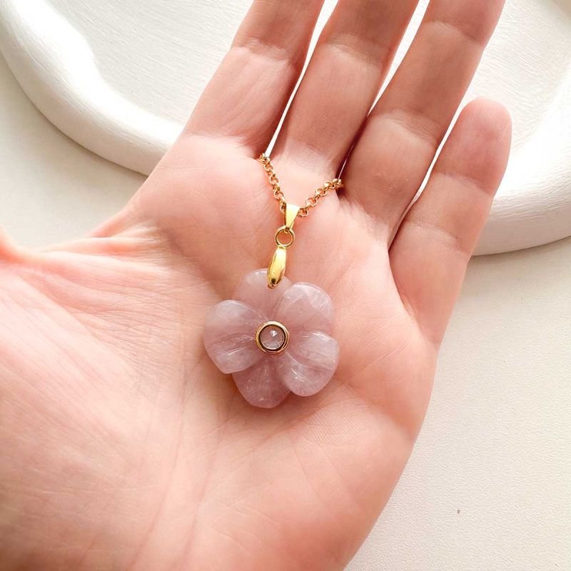 Colar Longo Banhado a Ouro 18k Quartzo Rosa