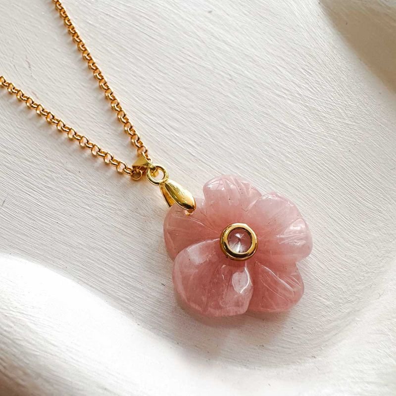 Colar Longo Banhado a Ouro 18k Quartzo Rosa