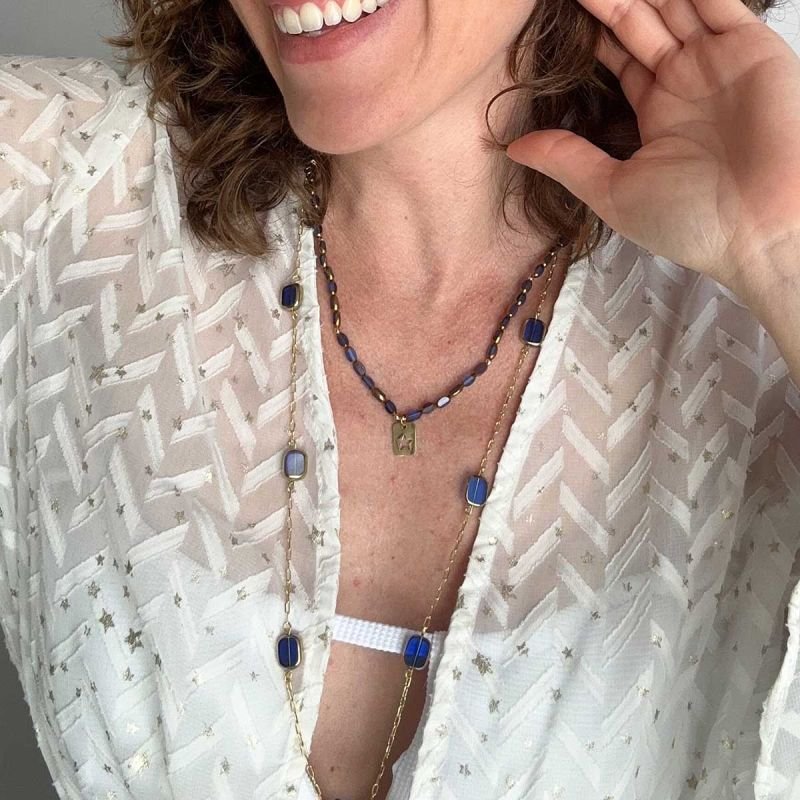 Colar Longo Banhado Cristal Azul