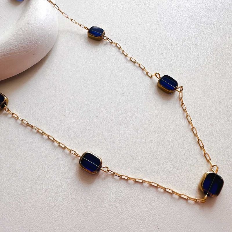 Colar Longo Banhado Cristal Azul