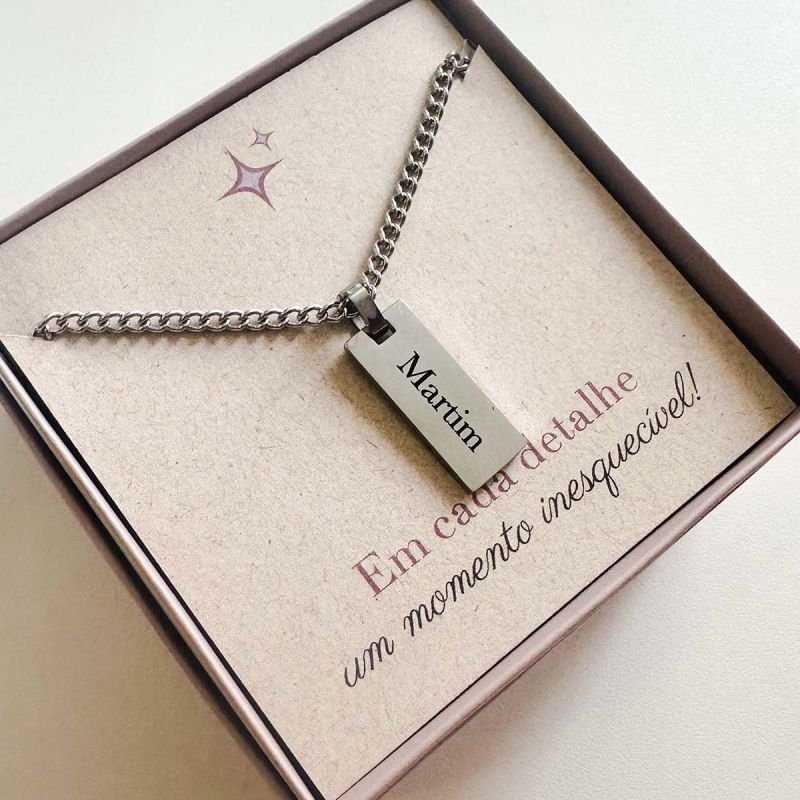Colar Masculino Aço Personalizado Palito Retangular Pequeno