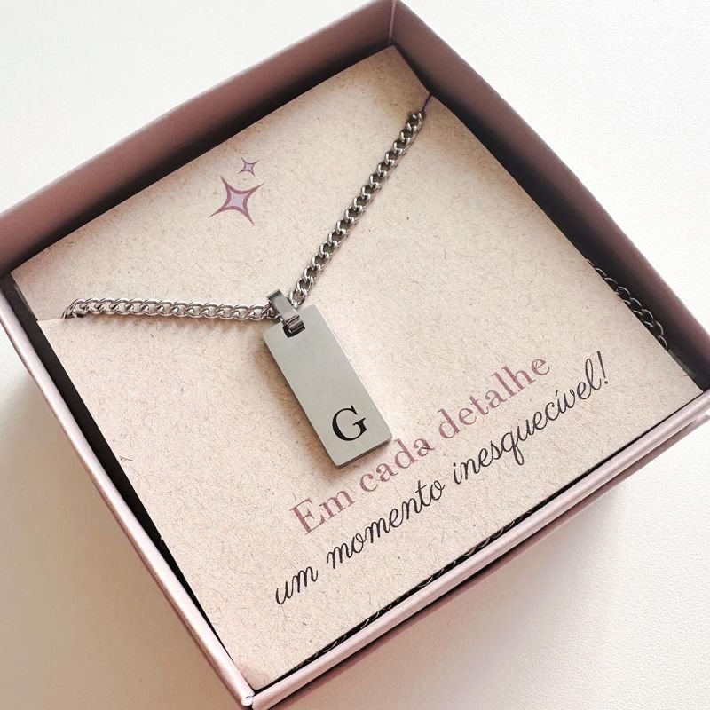 Colar Masculino Aço Personalizado Palito Retangular Pequeno